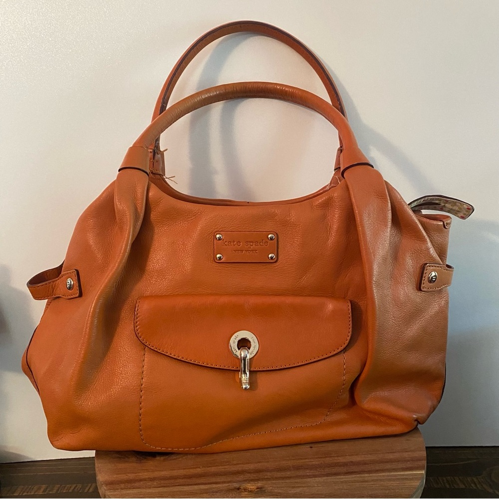 Kate Spade New York Kent Stevie Alessandra Brown Orange Leather Zip Shoulder Bag
